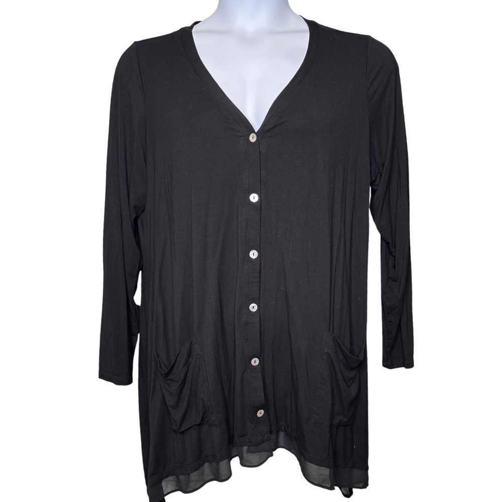 LOGO by Lori Goldstein Black Button Front Tunic Top Pockets Sheer Hem Size 1X